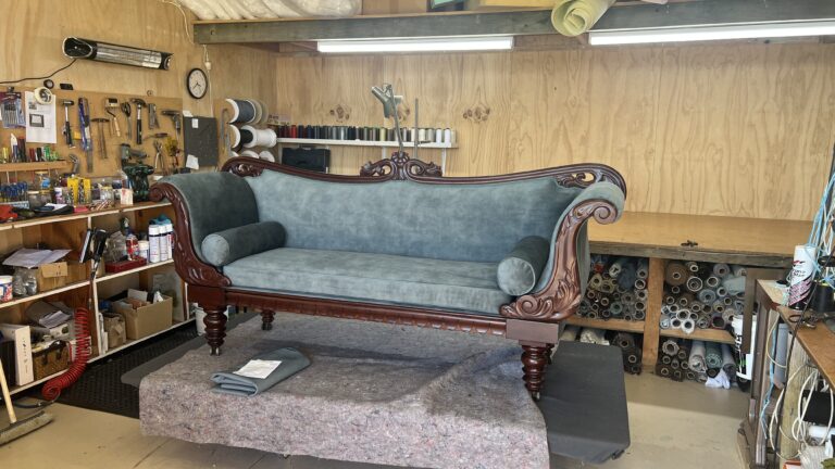 Chaise lounge that has been restored and repolished by Kilmsiter Furniture Restoartion and reupholstered by Furnhaus.