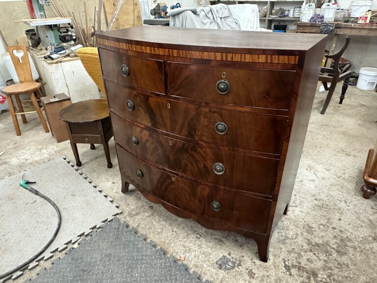 Flame mahogany chest of drawers that has been French polished by Kilmister Furniture Restoration.