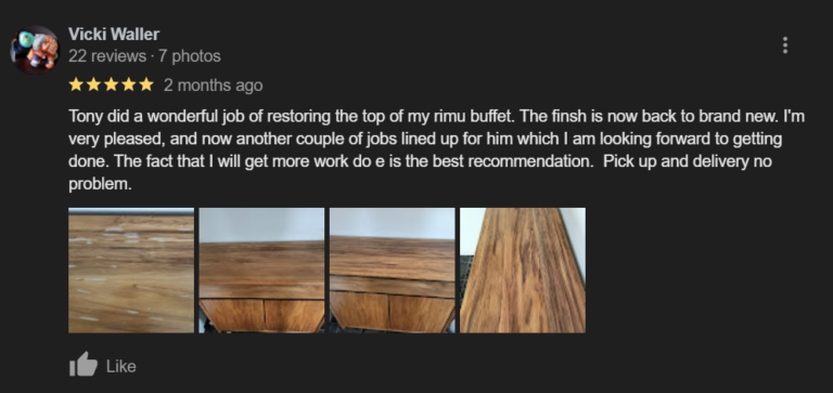 Example of positive feedback for Kilmister Furniture Restoration that was left as a Google review.