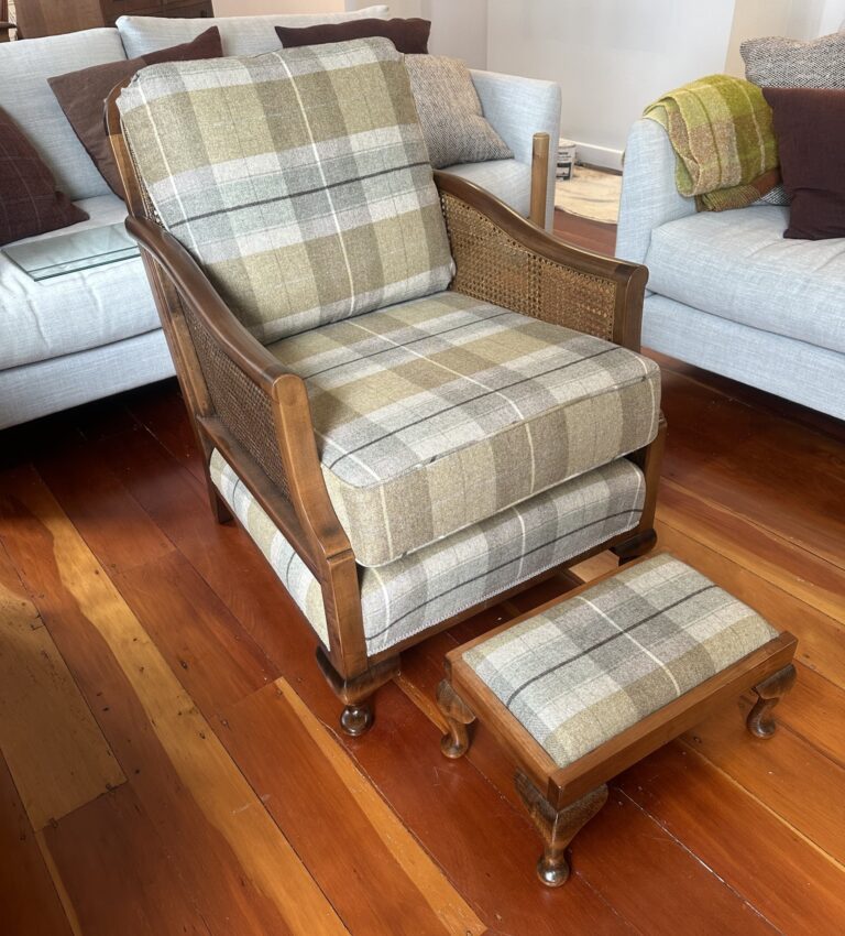 Cane chair that has been restored by Kilmister Furniture Restoration and upholstered by Furn Haus.