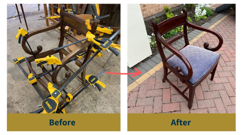 Before and after photo of chair upcycled by Kilmister Furniture Restoration